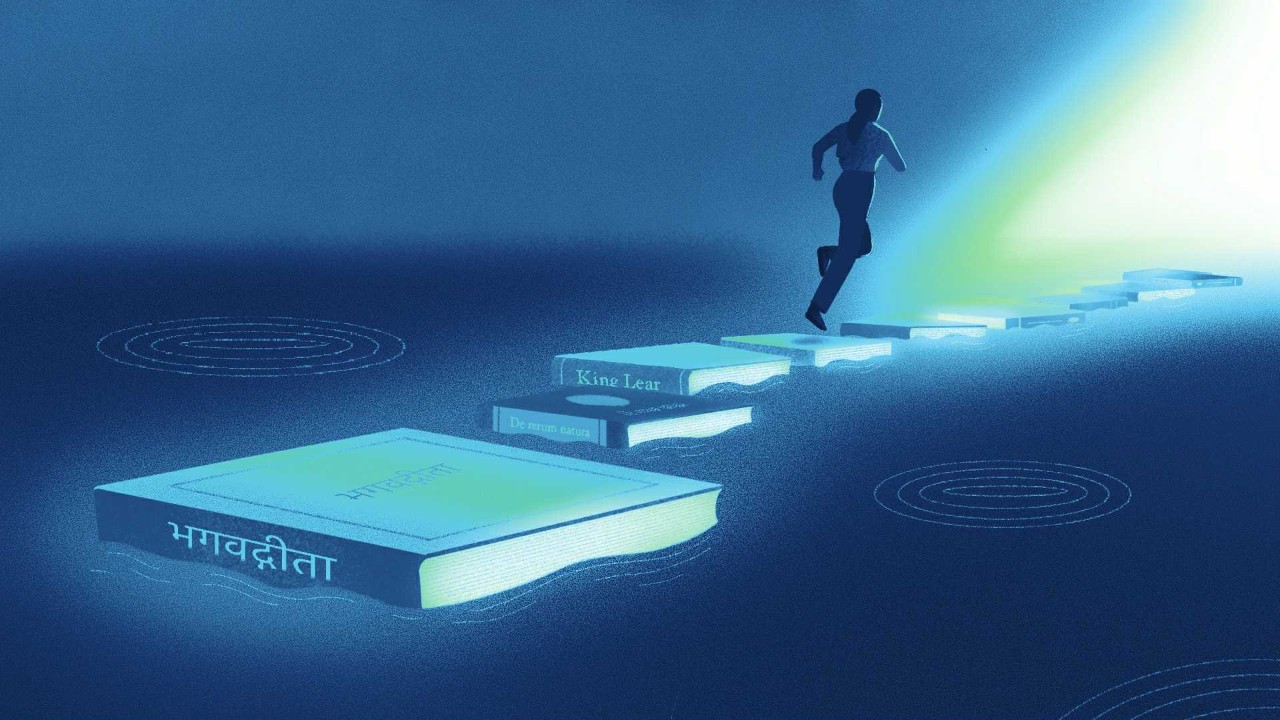 A business executive running across a diverse set of classic books.